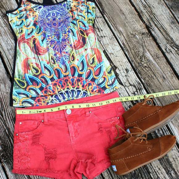 Red Aztec Distressed Denim Shorty Shorts Cutoffs 1 - Picture 4 of 8